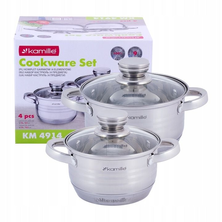Set Engos de oale din inox Kamille, cu 4 piese, inductie, diverse dimensiuni, 1,5L si 2,0L