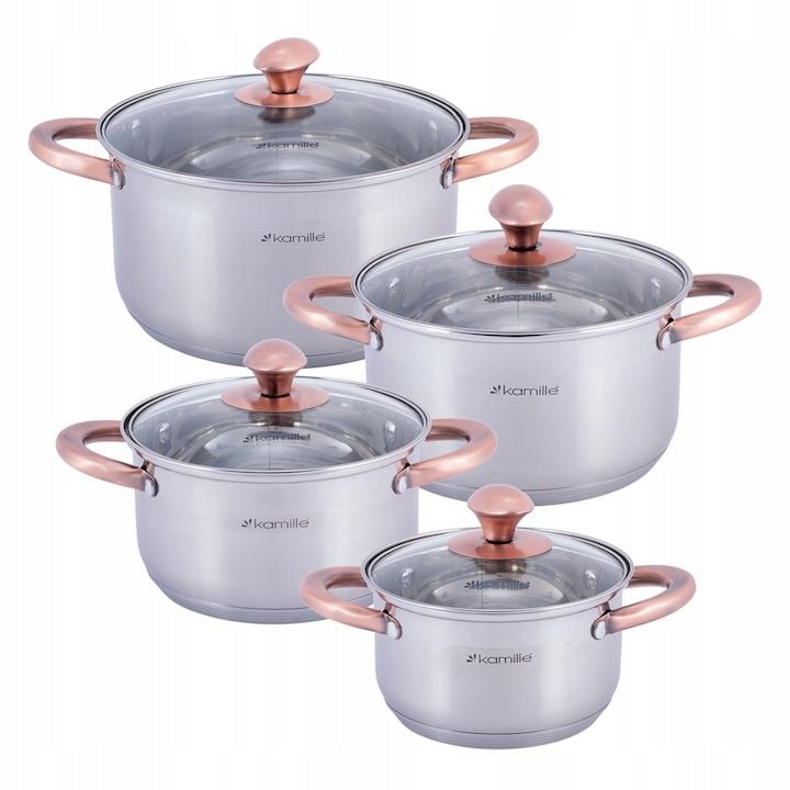 Set Engros de 4 Oale din Otel Inoxidabil si 4 capace, Kamille, Inductie, Diverse Dimensiuni, Capacitate 1.5L-5.0L