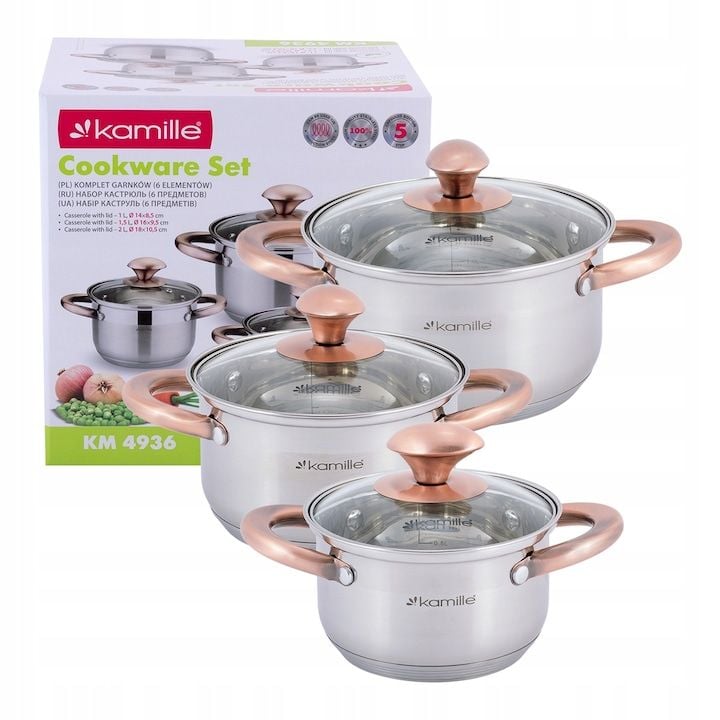 Set Engros de 3 oale cu capac, Kamille, din Inox/Sticla termorezistenta, 1.0L/1.5L/2.0L, 14/16/18 cm, Argintiu/Transparent