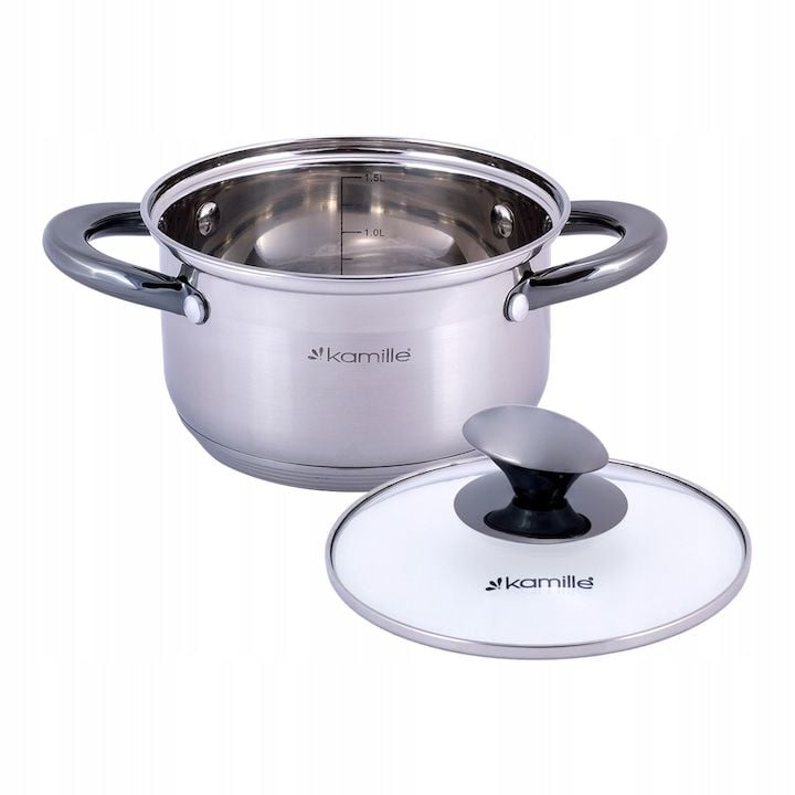 Oala Engros cu capac din sticla, 1.5 L, Kamille, 16 cm, din inox, argintiu