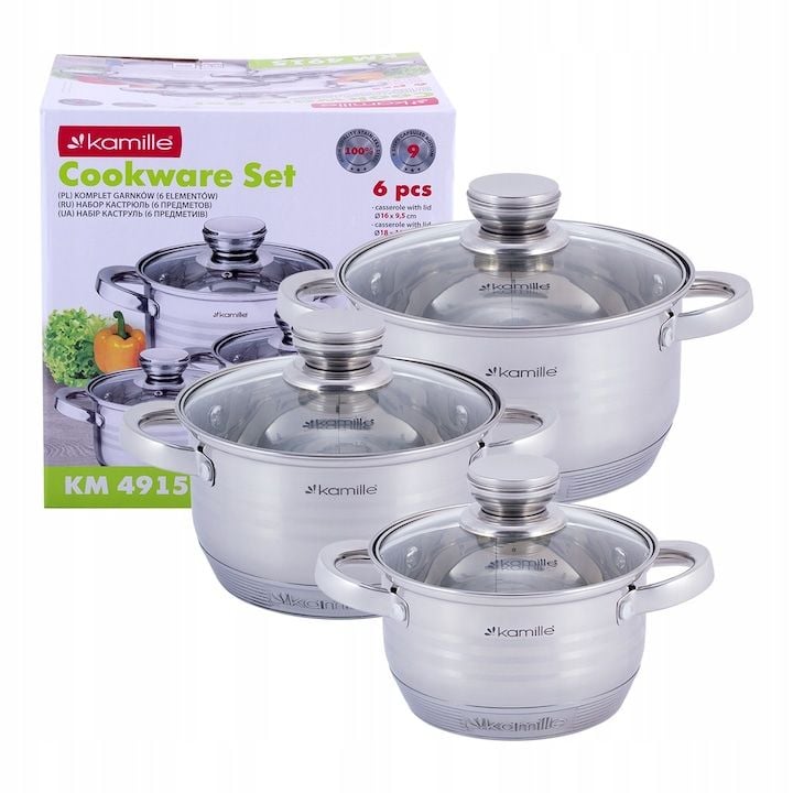 Set Engros de oale din inox cu capac Kamille, inductie, diverse dimensiuni, 1,5L-2.0L-3,0L, cu 6 piese