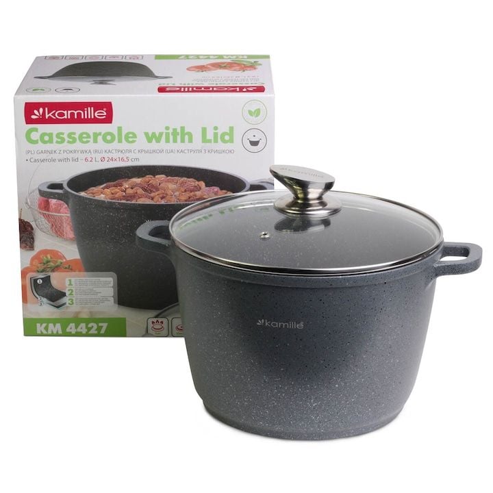 Oala Engros cu capac de sticla, Kamille, Aluminiu / Granit, 6.2 L, 24 cm, Gri / Transparent