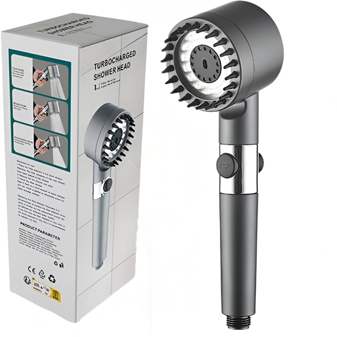 Para Tip Cap de Dus Premium ENGROSS, Cu Peri din Silicon pentru Masaj, Cu 3 Moduri Diferite De Presiune si Economisire a Apei, Filtru Purificare Apa, Gri
