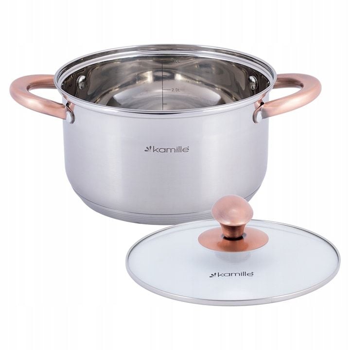 Oala Engros din inox cu capac din sticla, Kamille, 3L, 20 cm, argintiu/roz, inductie