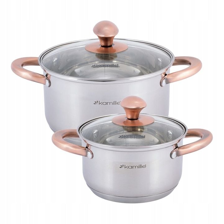 Set Engros de 2 oale cu capace termorezistente, Kamille, din Inox, 1.5L/3.0L, 16/20 cm, Argintiu/Transparent