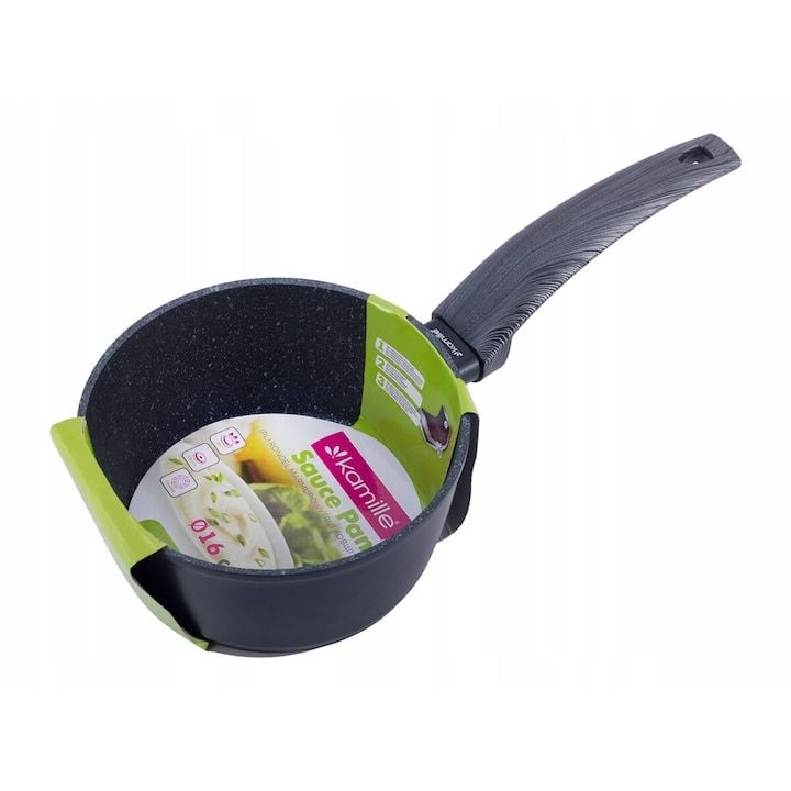 Cratita Engros cu strat de marmura, 16 cm Kamille, din aluminiu, cu maner Soft-touch, inductie, negru