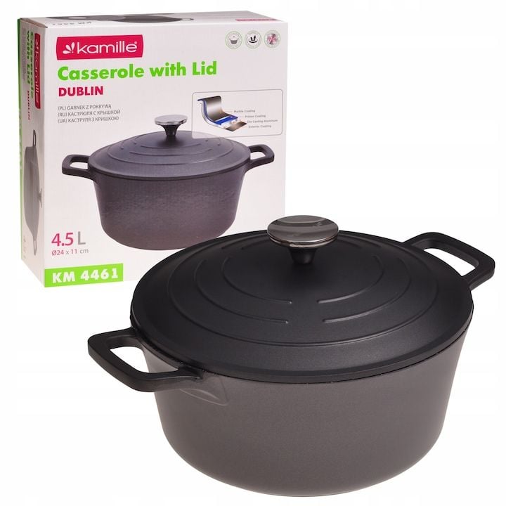 Oala Engros , Kamille, din aluminiu, antiaderenta, cu capac, 4.5 l, 24 x 11 cm, negru