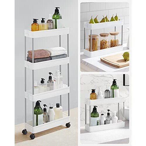 Carucior depozitare,engross, cu 4 niveluri, 6 carlige detasabile, portabil, pentru baie, bucatarie, hol, living, 38*13*103 cm, Alb