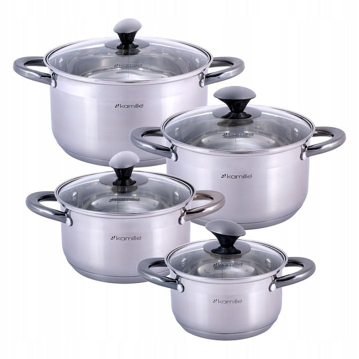 Set Engros de 4 oale cu capac de sticla, Kamille, din Inox, 1.5 L - 5 L, Argintiu / Transparent