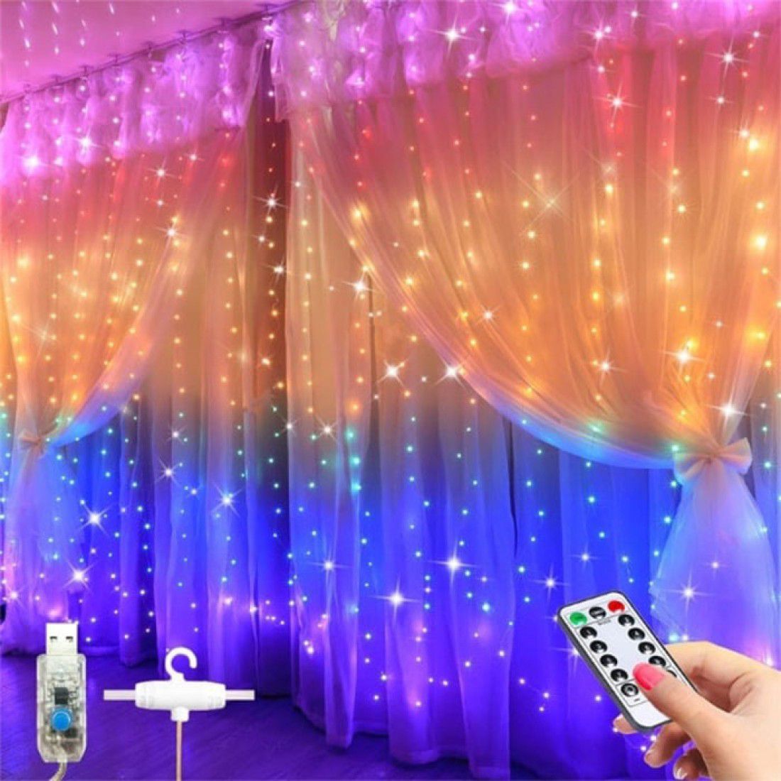 Instalatie decorativa cu telecomanda, engross,Tip Perdea Luminoasa cu fir de cupru, 3m X 3m, 300 LED, 8 Moduri, Multicolor