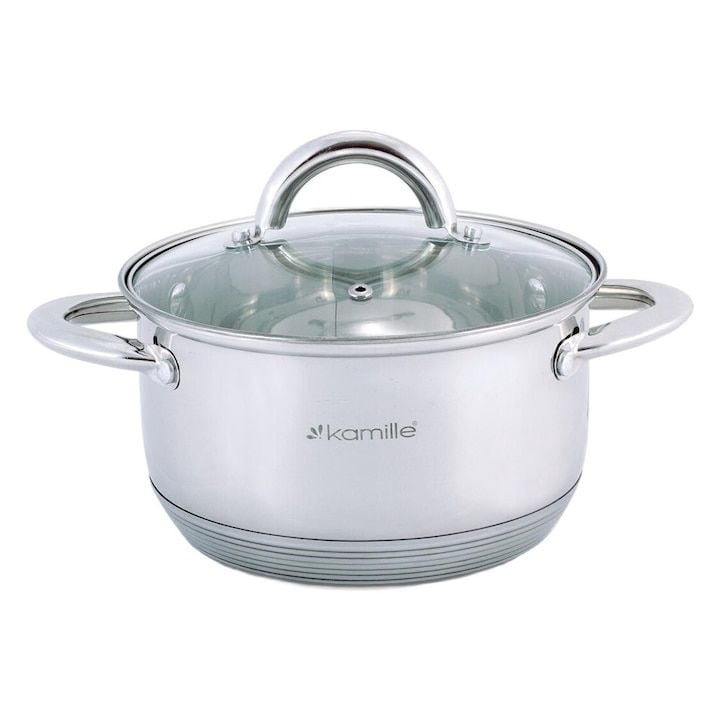 Oala Engros cu capac din sticla, Kamille, din Inox, 2.4 L, 18 cm, Argintiu / Transparent