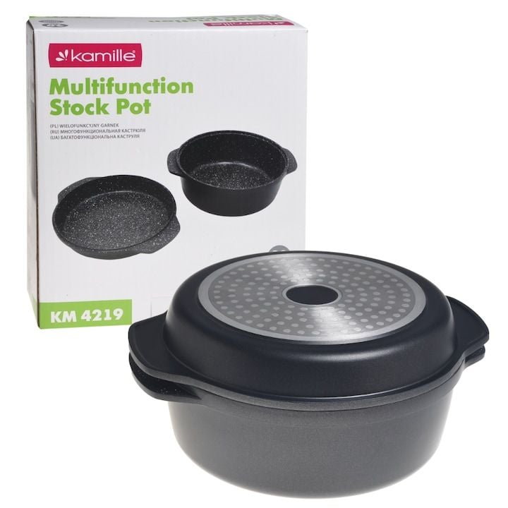 Oala Engros cu capac tip tigaie, Kamille, din Aluminiu, Antiderapanta, 2.5L, 20x7.5cm, Negru