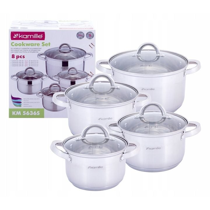 Set Engros de 4 oale gradate cu capac, Kamille, din Inox, 2.1L-6.5L, Argintiu / Transparent