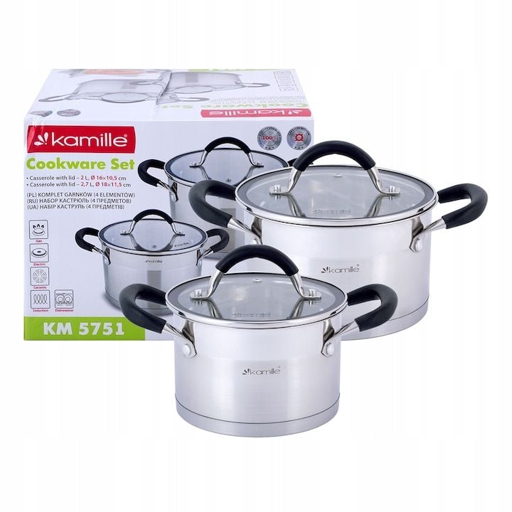 Set Engros de oale din inox Kamille, cu 4 piese, 2,0L si 2,7L, inductie, cu capac din sticla, cu manere din silicon