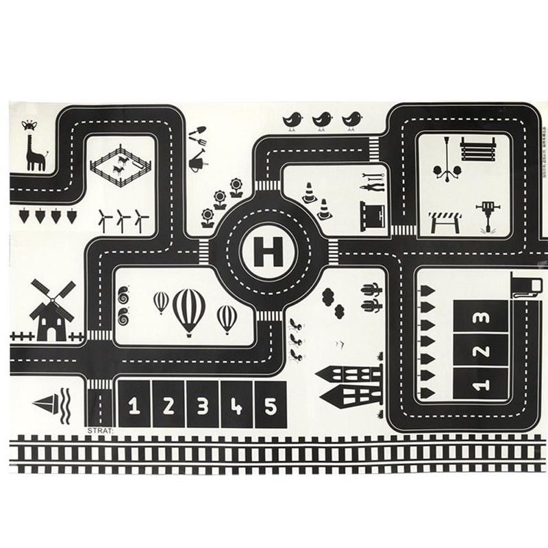 Covoras pentru copii, imprimeu pista auto, suprafata impermeabila, 83x57 cm, alb negru Engros