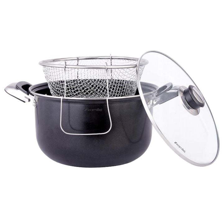 Oala Engros , Kamille, din inox, cu strecuratoare si capac, 4 l, 24 cm, negru/argintiu