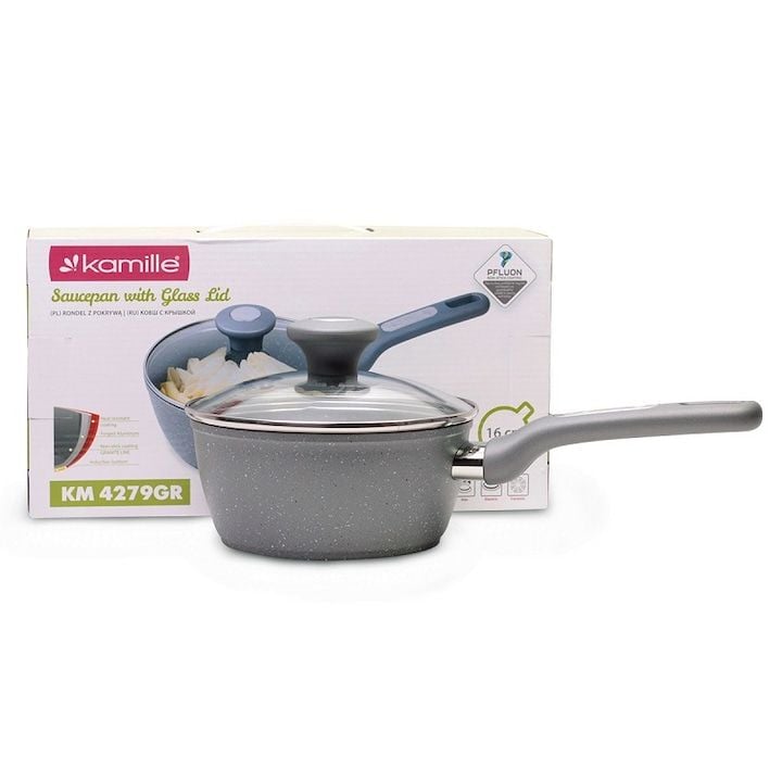Cratita Engros Kamille, din granit, cu capac de sticla, 1.2L, inductie, 16cm