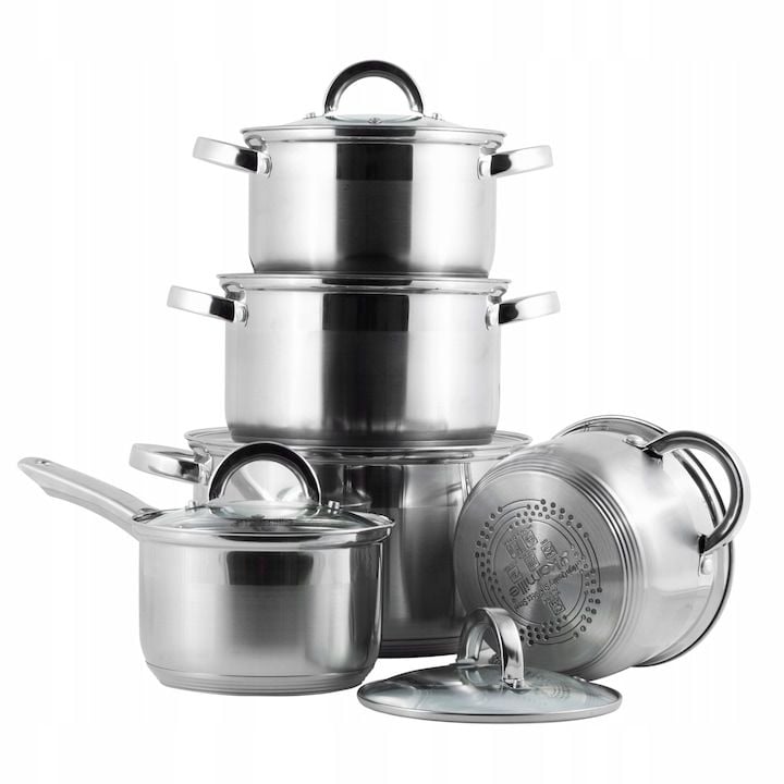 Set Engros de oale din inox 10 piese Kamille, diverse dimensiuni, cu capacitate 1,9L - 6,5L, inductie, gaz
