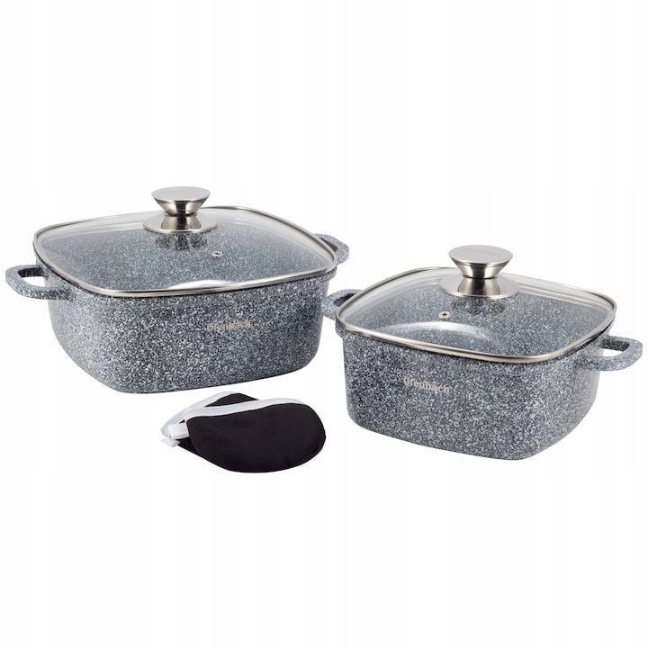 Set Engros de 2 oale cu capace de sticla + 2 protectii pentru maner, Ofenbach, din Aluminiu / Granit, 2.3L / 4.4L, 20cm / 24 cm, Multicolor