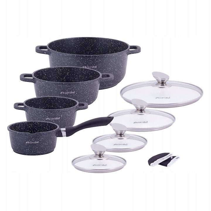 Set Engros de 4 Oale cu capac, Kamille, din Aluminiu / Marmura, 1.35 L / 1.25 L / 2.3 L / 4.5 L, Negru