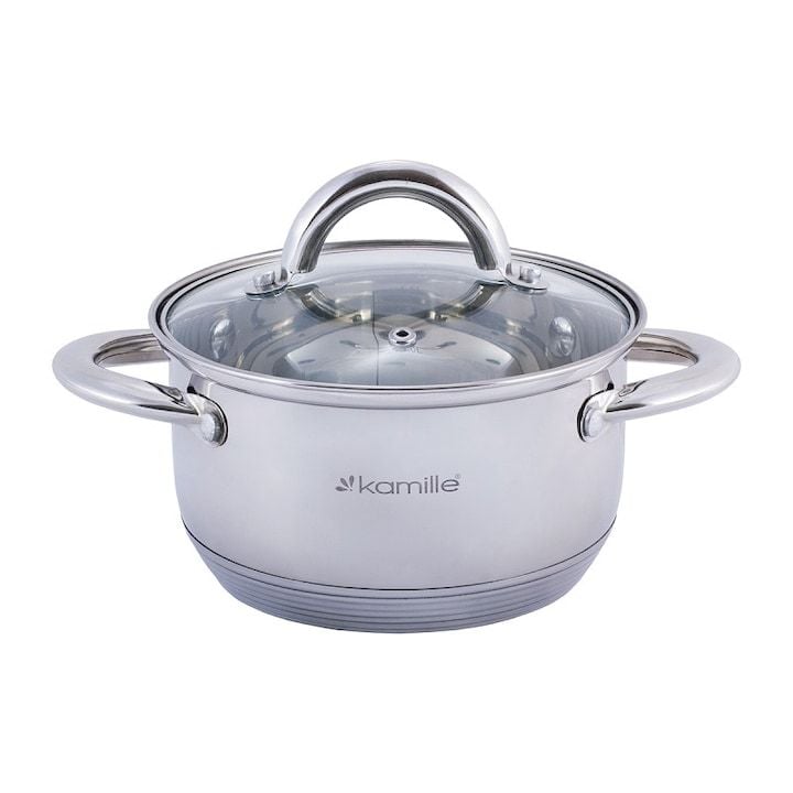 Oala Engros din otel inoxidabil cu capac din sticla, 1,7 L, 16 cm, 7 straturi, Kamille