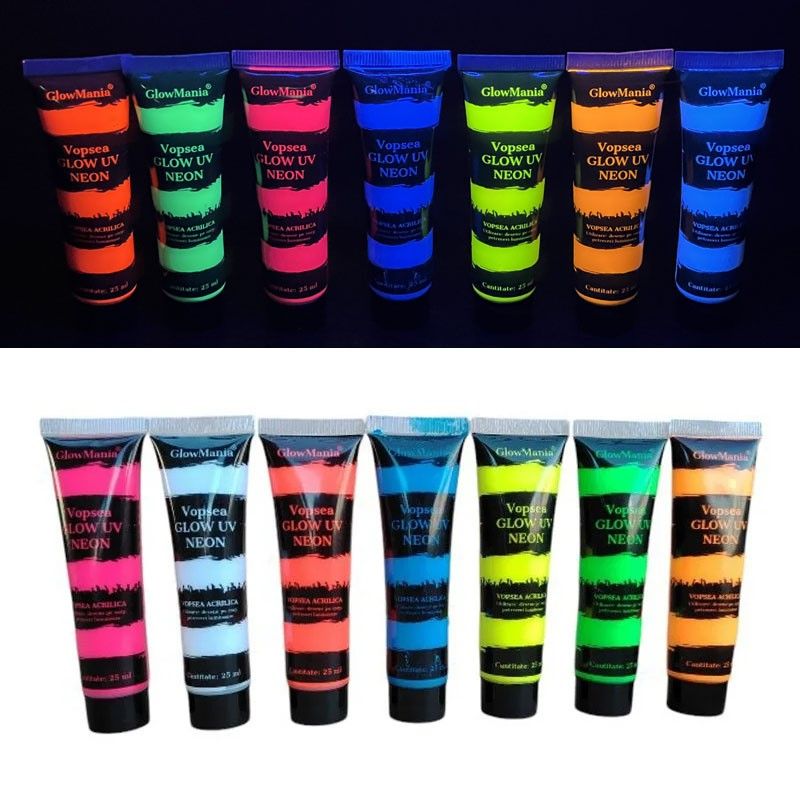 Set 7 culori vopsea glow UV neon, 25 ml/culoare, pentru corp si fata, pe baza de apa Engros