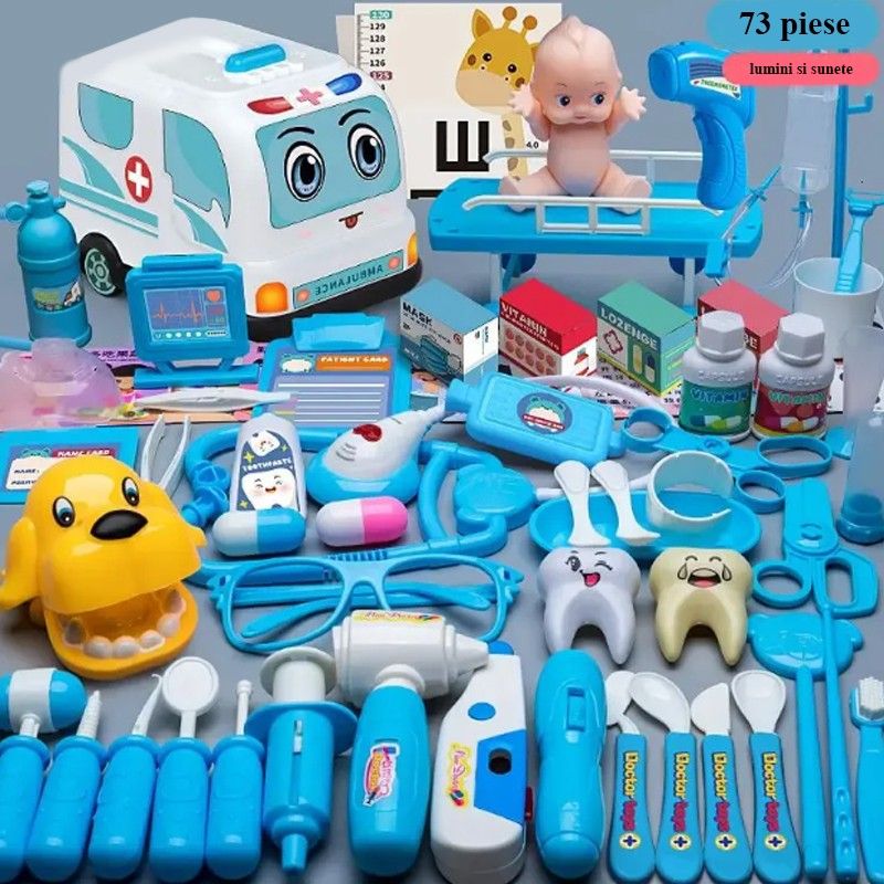 Set trusa de doctor pentru copii, 73 de piese, stetoscop, injectie, ambulanta, lumini, sunete, albastru Engros