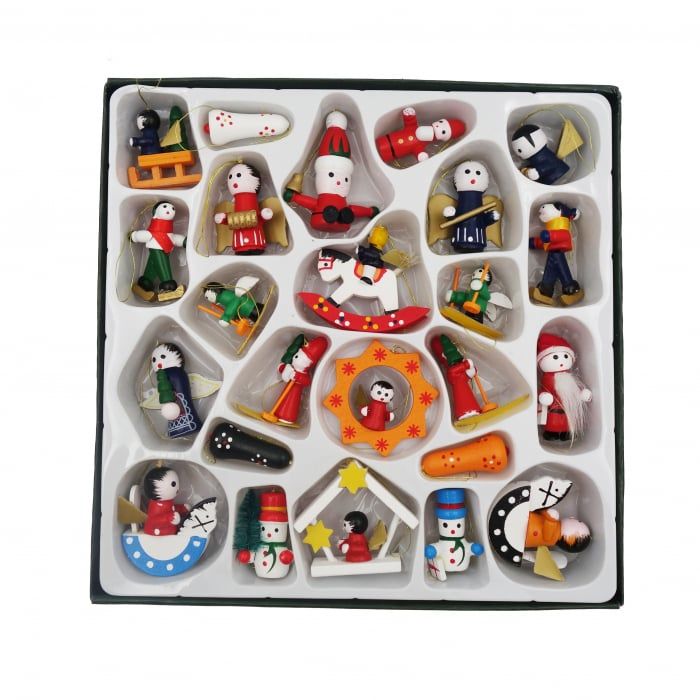 Set 24 bucati figurine din lemn pentru brad, engros