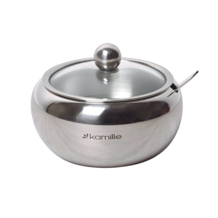 Bol Engros din otel inoxidabil, Kamille KM-7002, cu lingurita si capac de sticla, 460ml
