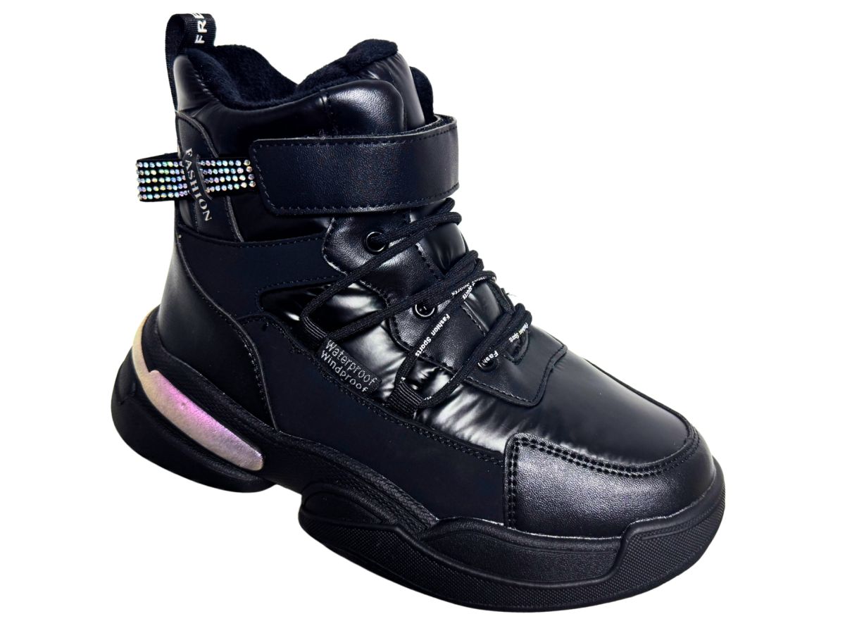 Ghete Fete Sport-Casual, Impermeabile, Talpa Antiderapanta, Inchidere Fermoar Lateral, Arici+ Siret Elastic, Aplicatii Stralucitoare, Engross, Marimi 32-37, 8buc/bax negru