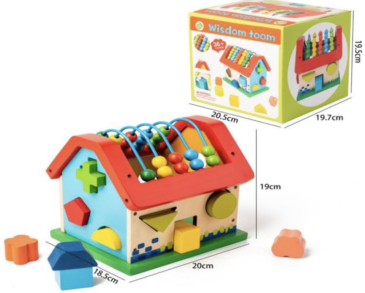 Jucărie educativă din lemn tip căsuță multifuncțională cu forme geometrice, abac colorat și activități motrice pentru copii 36+ luni, En-gros