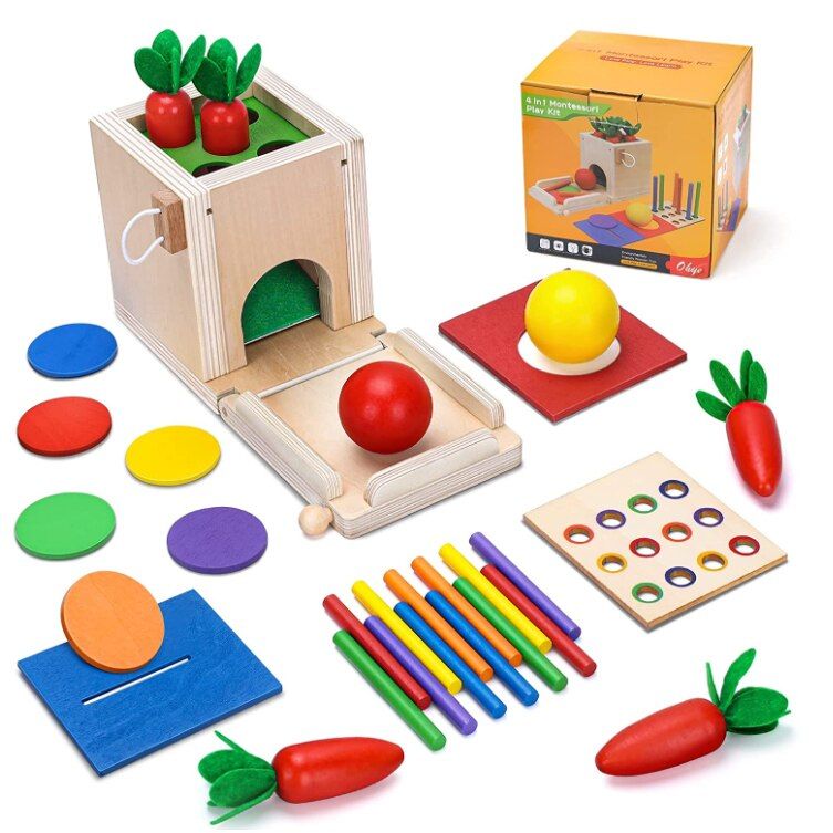 Jucărie educativă din lemn Montessori 4 în 1 – cutie multifuncțională cu morcovi, bile colorate, bețe și discuri pentru sortare și coordonare copii 36+ luni, En-gros