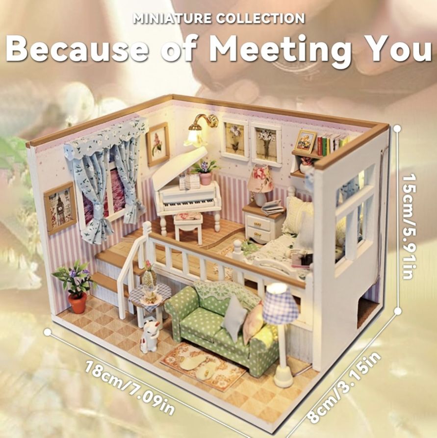 Casă în miniatură DIY “Because of Meeting You” – kit de construcție detaliat cu mobilier, pian, lumină LED și manual color pentru decor și cadouri creative, En-gros