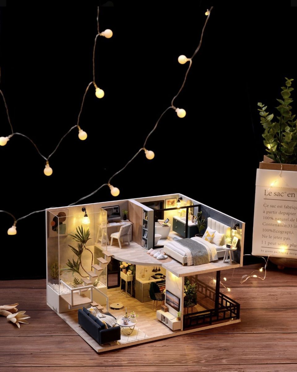 Casă în miniatură DIY modernă cu 2 etaje și iluminare LED – kit artizanal complet pentru decor, hobby creativ și cadou elegant, En-gros