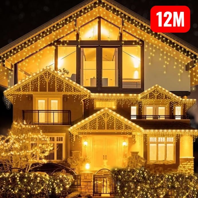 Instalatie Craciun Turturi, 12 m, 300 Led-uri, 8 jocuri de lumini, Franjuri, Exterior/Interior, Fir Alb, Interconectabila,Alb CALD ,EN GROSS