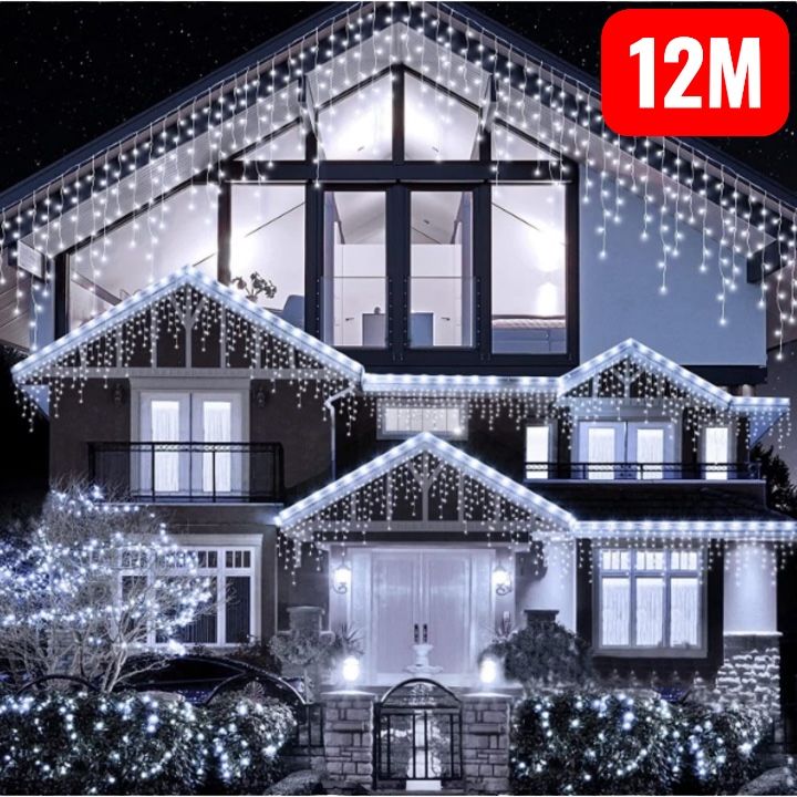 Instalatie Craciun Turturi, 12 m, 300 Led-uri, 8 jocuri de lumini, Franjuri, Exterior/Interior, Fir Alb, Interconectabila,ALB,EN GROSS