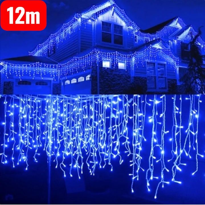 Instalatie Craciun Turturi, 12 m, 300 Led-uri, 8 jocuri de lumini, Franjuri, Exterior/Interior, Fir Alb, Interconectabila,Albastru ,EN GROSS