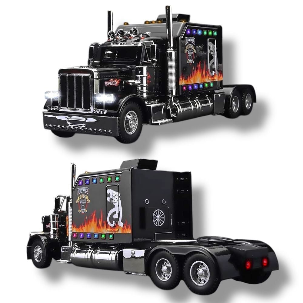 Macheta Metalica TIR, Model American Peterbilt cu Lumini, Sunete Realiste, Faruri Luminoase, Capota si Usi Mobile, 24 cm Engros
