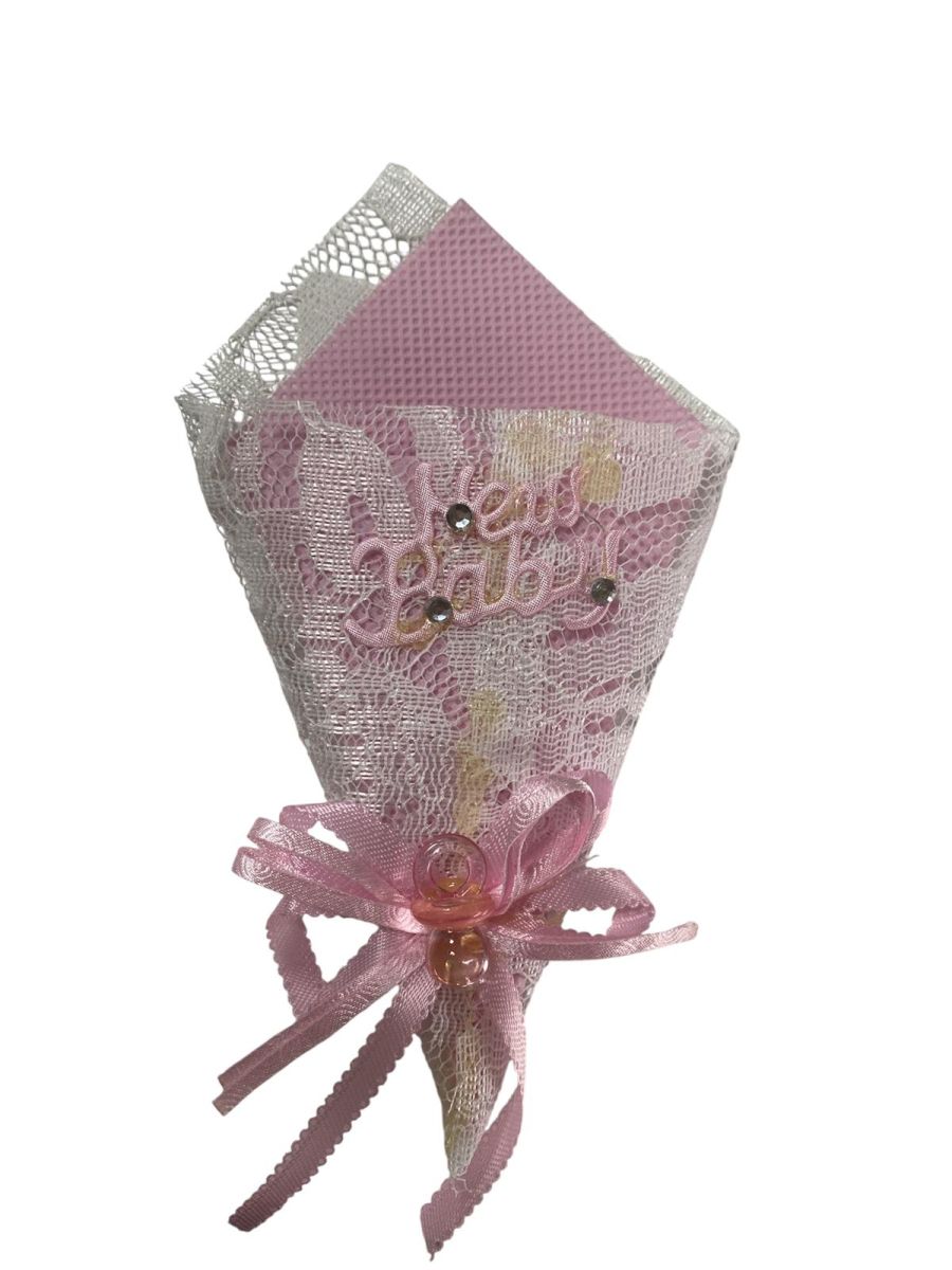 Marturie botez buchetel din plasa, 12/set, ROZ, dimensiuni: 9 x 16 cm