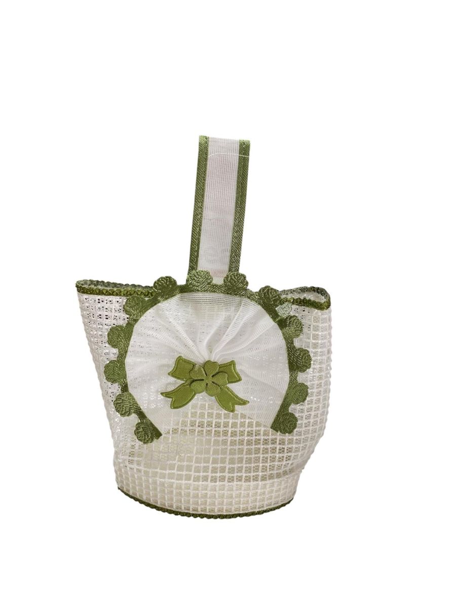 Marturie cosulet din plastic si plasa, ALB si VERDE, dimensiuni: 8 x 7 x 4.5 cm