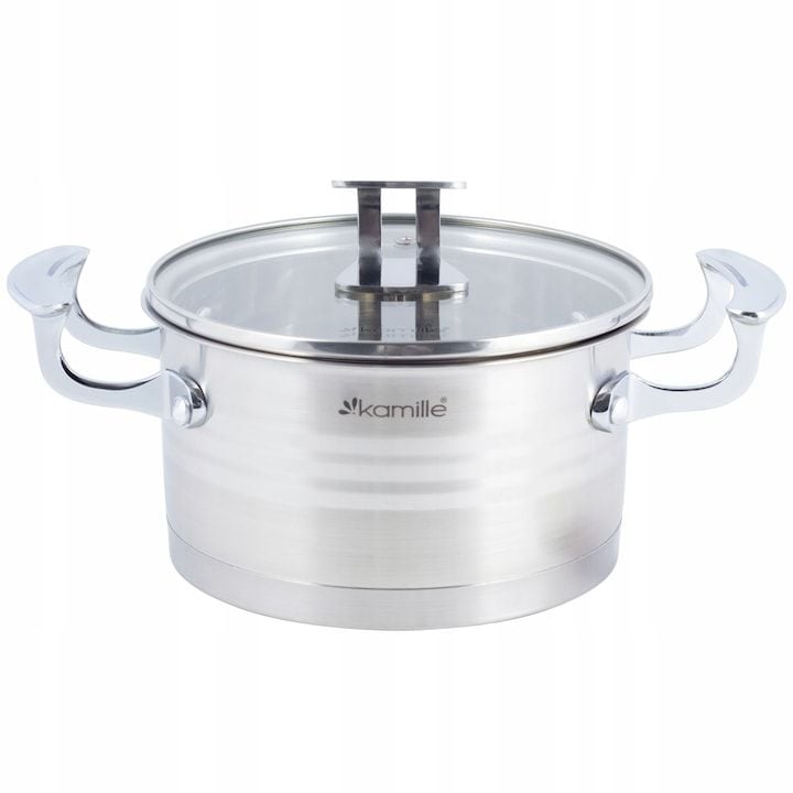 Oala Engros cu capac de sticla, Kamille, din Inox, 22 cm, 4.4L, Argintiu/Transparent