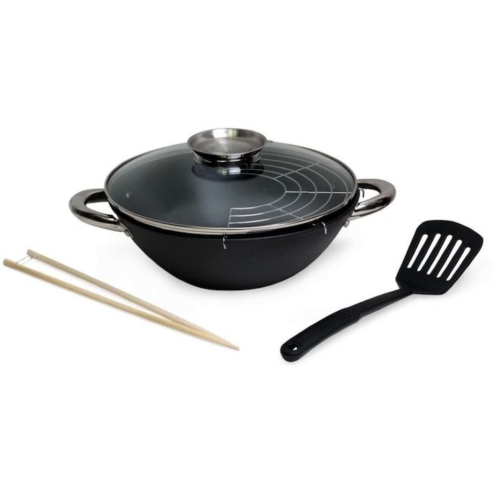 Oala Engros wok Kamille KM-4815MR, O26 cm, de 3L, cu Acoperire antiaderenta si dozator de capac