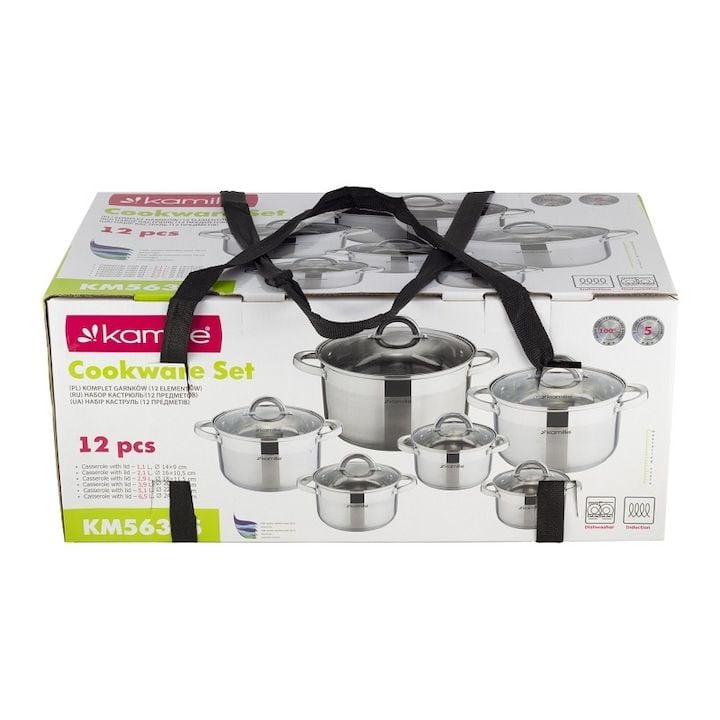 Set Engros de oale din inox cu 12 elemente Kamille, 1L-6,5L, cu inductie, din Inox, Argintiu