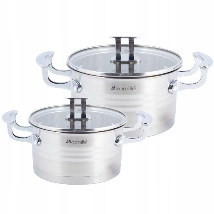 Set Engros de oale Kamille KM-5860, din inox, cu 5-straturi inductie, cu capac de sticla, 1.7L/16cm, 2.4L/18cm