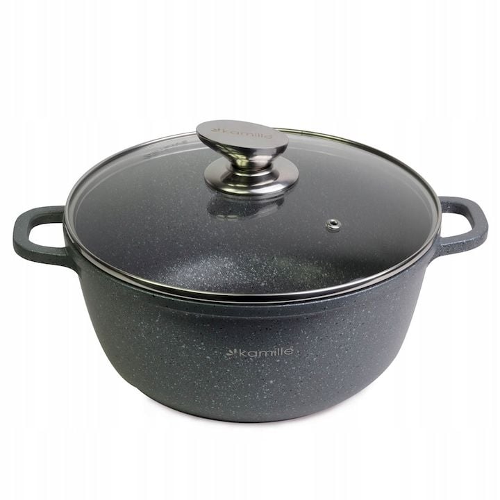 Oala Engros cu capac din sticla, Kamille, de Aluminiu / Granit, 4.5 L, 24 x 11.5 cm, Negru / Transparent