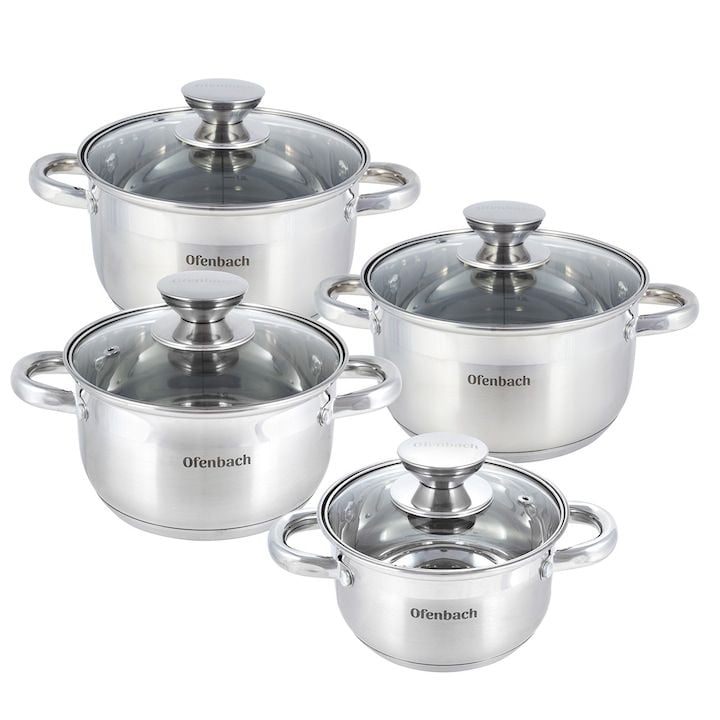 Set Engros de 4 oale cu capace de sticla, Ofenbach, din Inox, 1.1L - 3.4L, 14 - 20 cm, Argintiu / Transparent