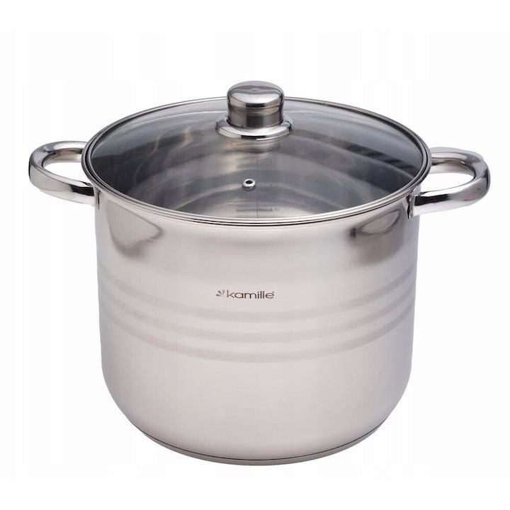 Oala Engros din otel de 8, 5 L cu capac Oala mare din otel inoxidabil 24 cm Kamille 5403 cu inductie de gaz