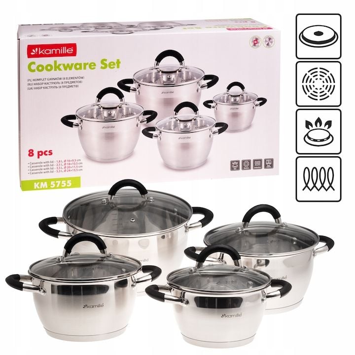 Set Engros de oale din inox, cu capace, Kamille, 8 piese, cu capacitate variata, baza inductiva, manere din silicon