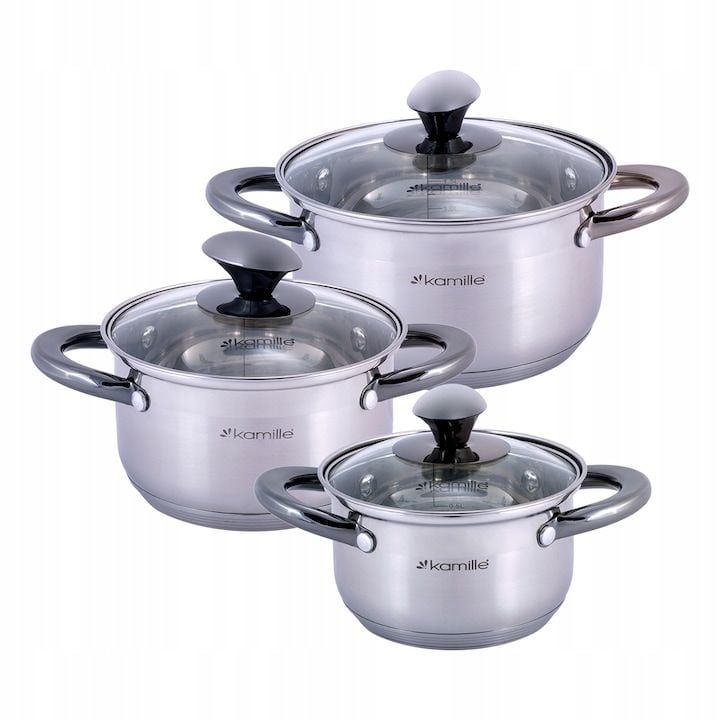 Set Engros de 3 oale cu capace, din inox, Kamille, inductie, diverse dimensiuni, 1,0L-2,0L