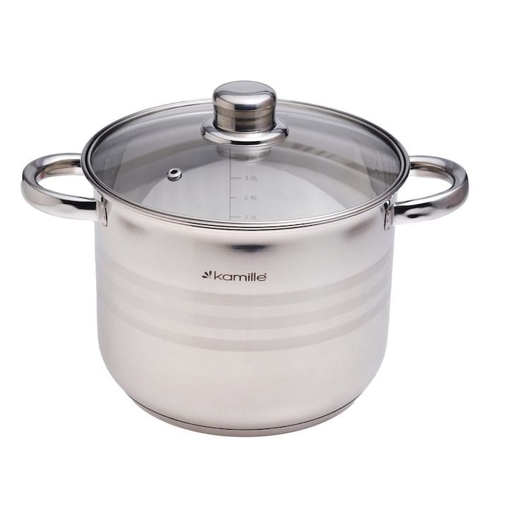 Oala Engros din otel 6 L cu capac 22 cm, Kamille inoxidabil 5402, inductie gaz
